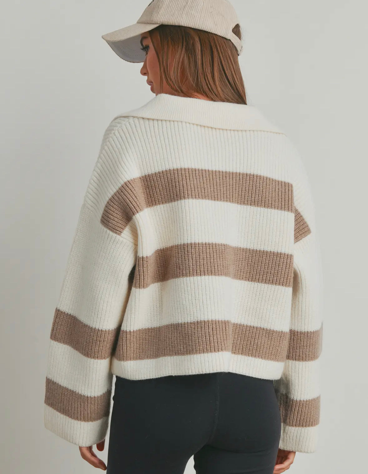 Striped Wide Collar Sweater - Taupe