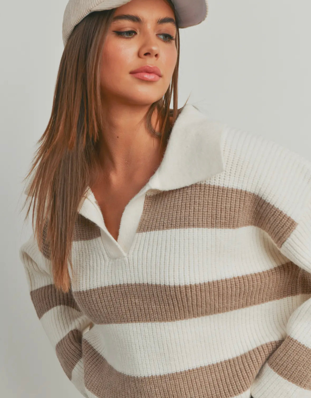 Striped Wide Collar Sweater - Taupe