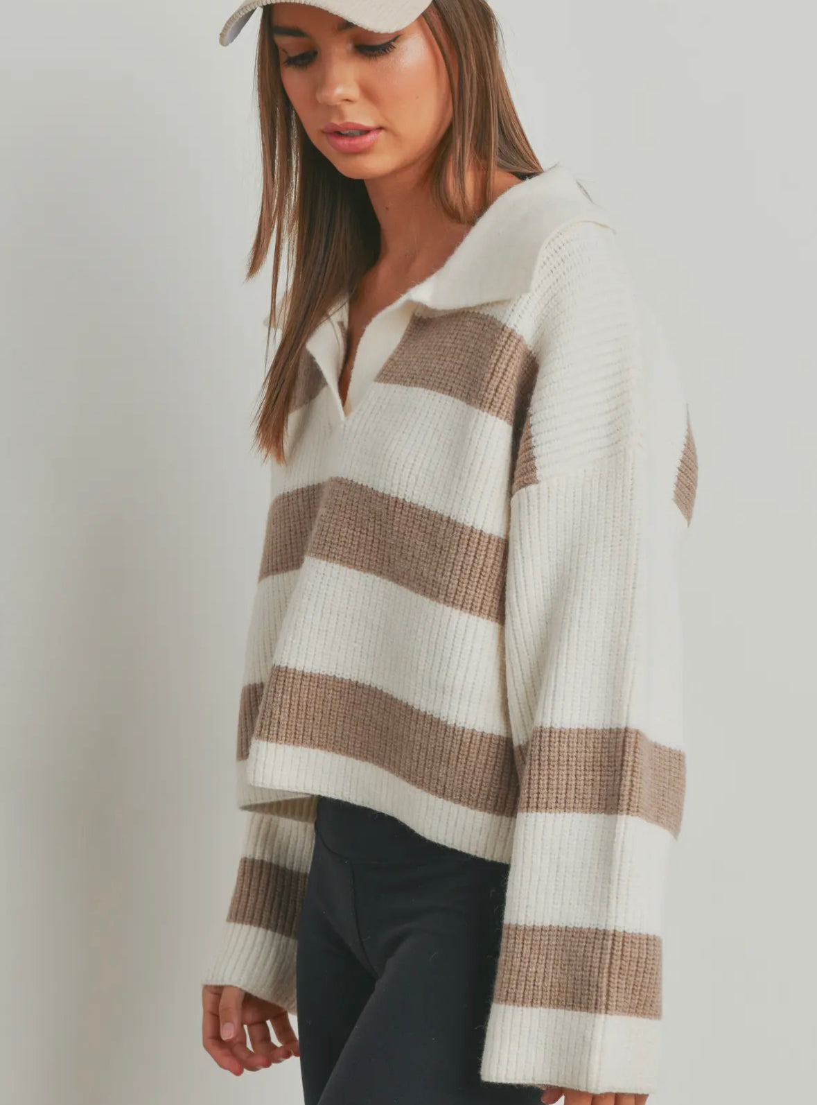 Striped Wide Collar Sweater - Taupe