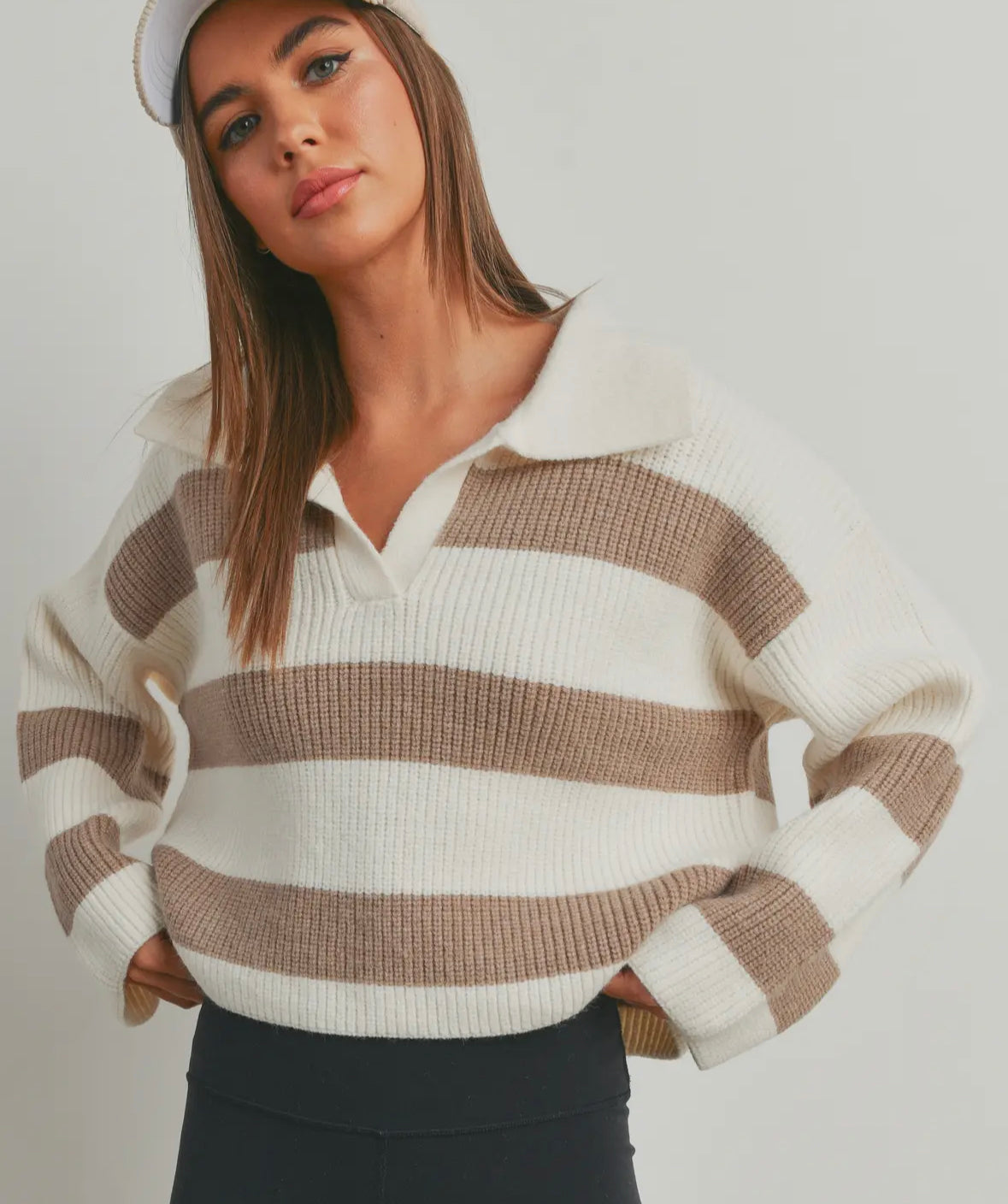 Striped Wide Collar Sweater - Taupe