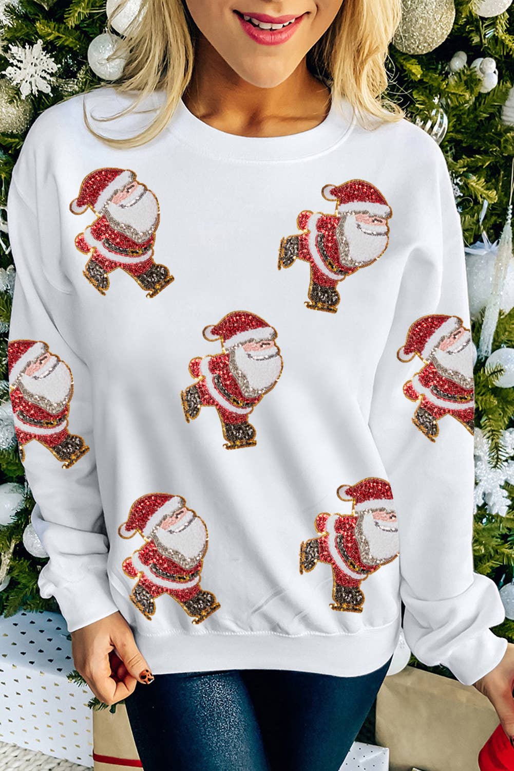 Glitter Santa Claus Drop Shoulder Christmas Sweatshirt: White / L