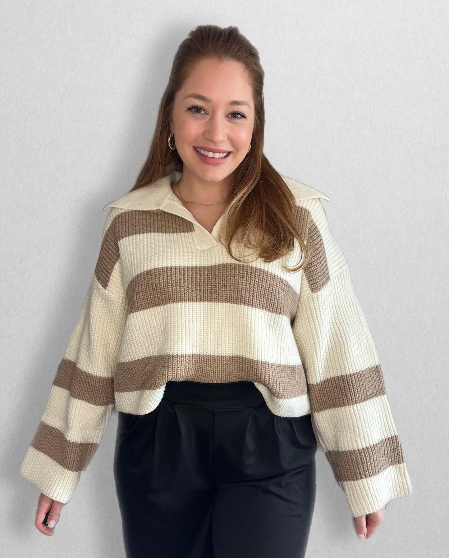 Striped Wide Collar Sweater - Taupe